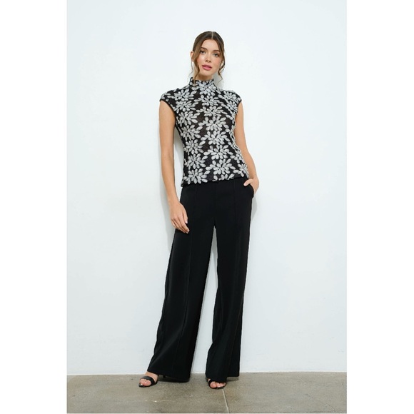 NWT Boutique Amaya High Neck Sheer Mesh Embroidered Top – Black/Silver - Picture 5 of 7